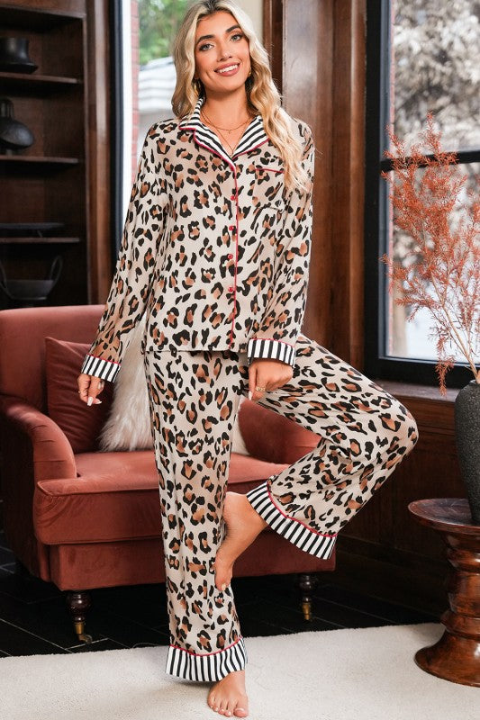 Long Sleeve Leopard Colorblock Striped Patchwork Pajama Pant Set