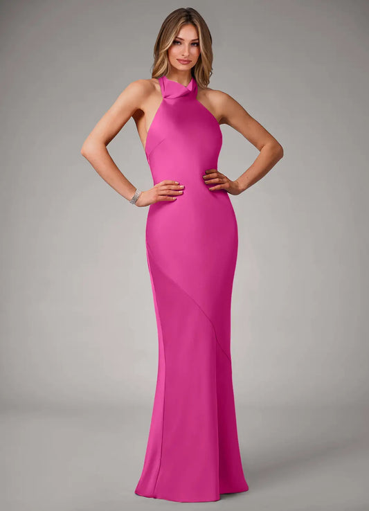 Sleeveless Self Tie Halter Neck A Line Satin Maxi Dress