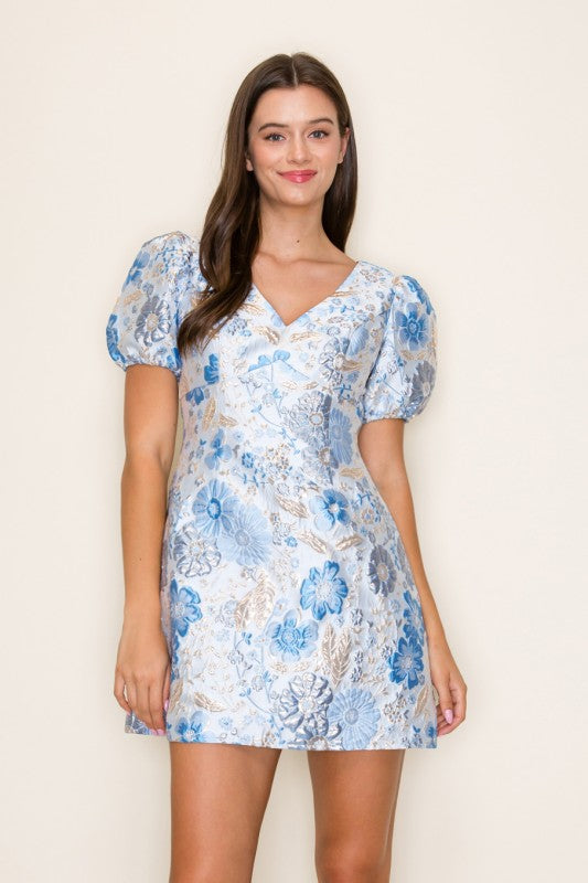Short Puff Sleeve V Neck Floral Jacquard Mini Dress