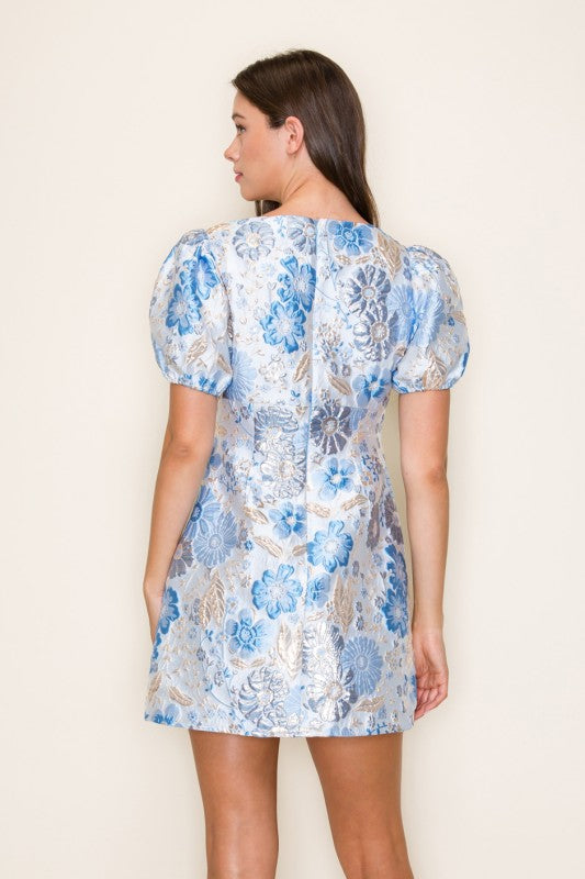 Short Puff Sleeve V Neck Floral Jacquard Mini Dress
