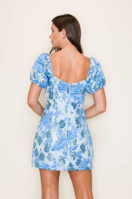 Short Puff Sleeve Floral Jacquard Square Neck Mini Dress