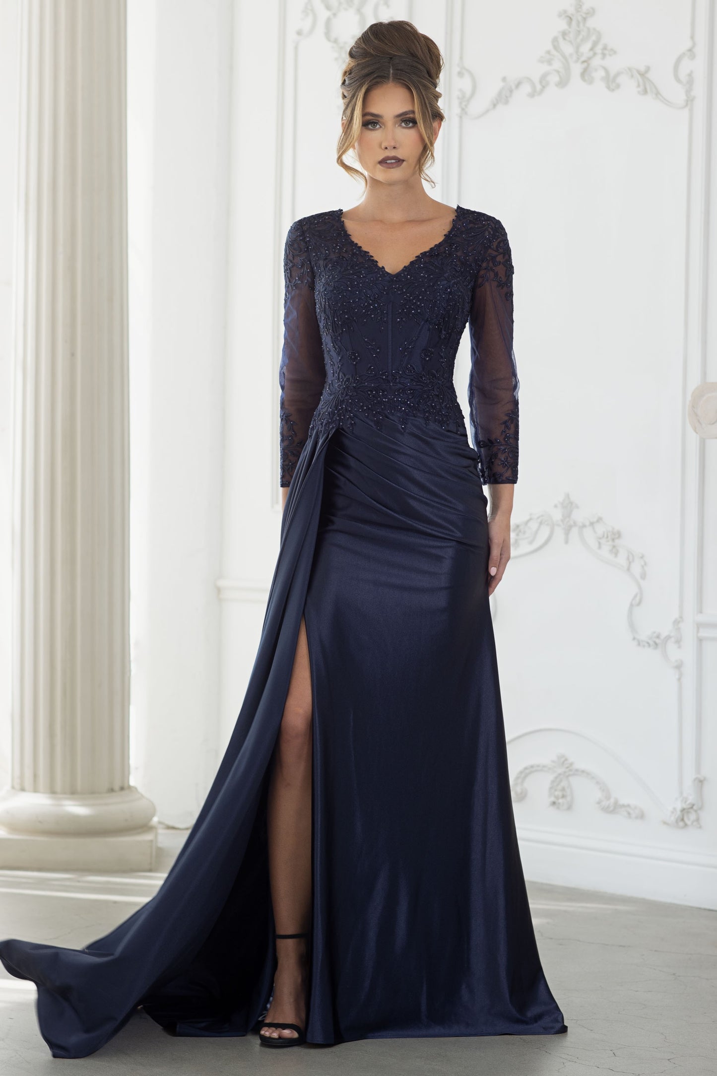 3/4 Sleeve V Neck Emboidered Long Formal Dress with Satin Skirt and Side Train