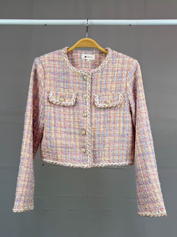 Long Sleeve Collarless Contrast Trim Detail Tweed Crop Jacket