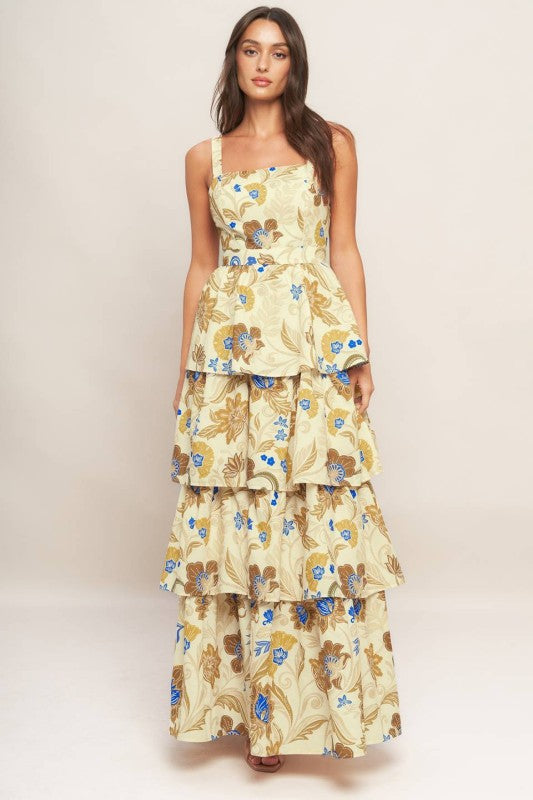 Sleeveless Woven Print Tiered Maxi Dress
