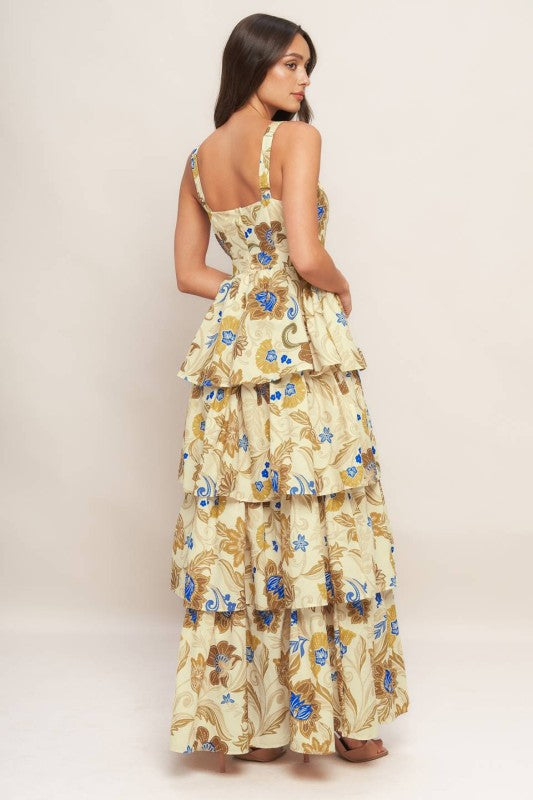 Sleeveless Woven Print Tiered Maxi Dress