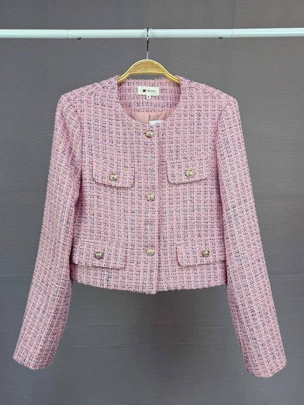 Long Sleeve Button Down Collarless Tweed Jacket