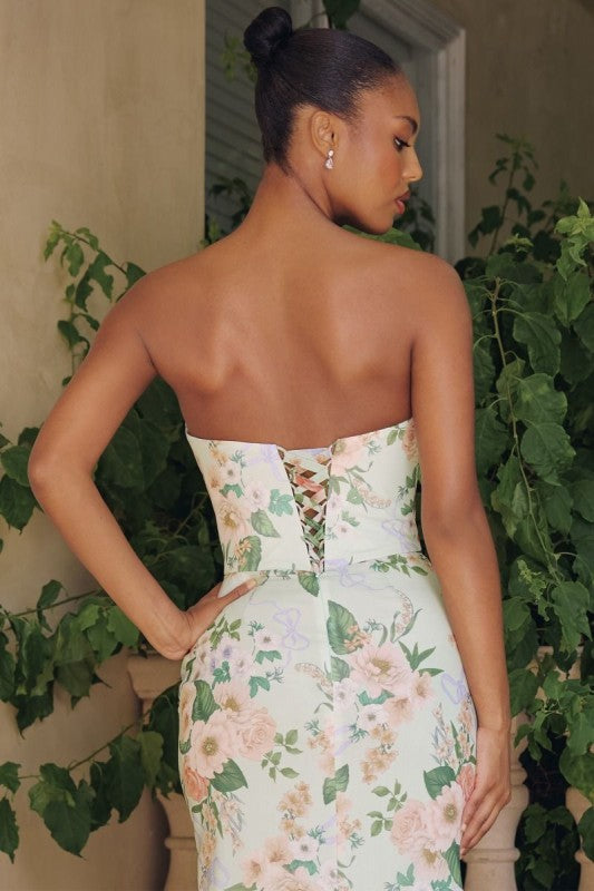 Strapless Floral Chiffon Long Fitted Dress with Detachable Scarf and Corset Back