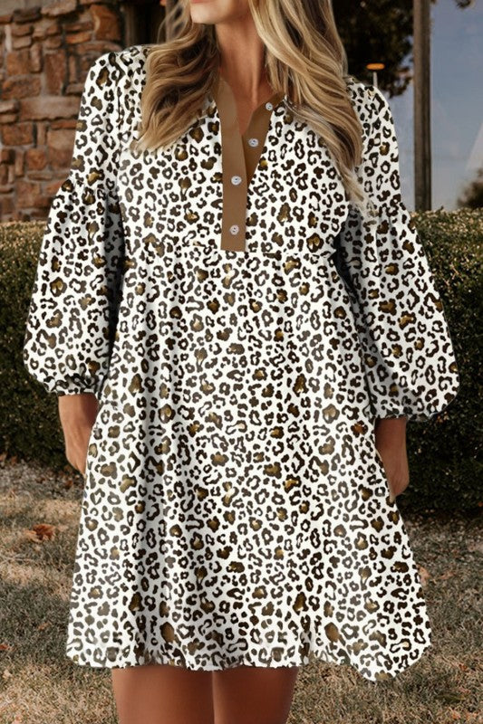 Curvy Puff Long Sleeve Leopard Print Babydoll Mini Dress
