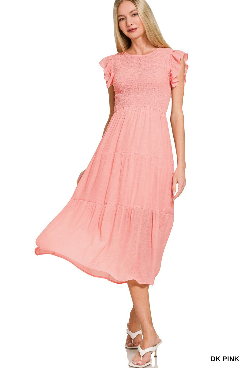 Short Ruffle Sleeve Smocked Bodice Woven Midi Dress