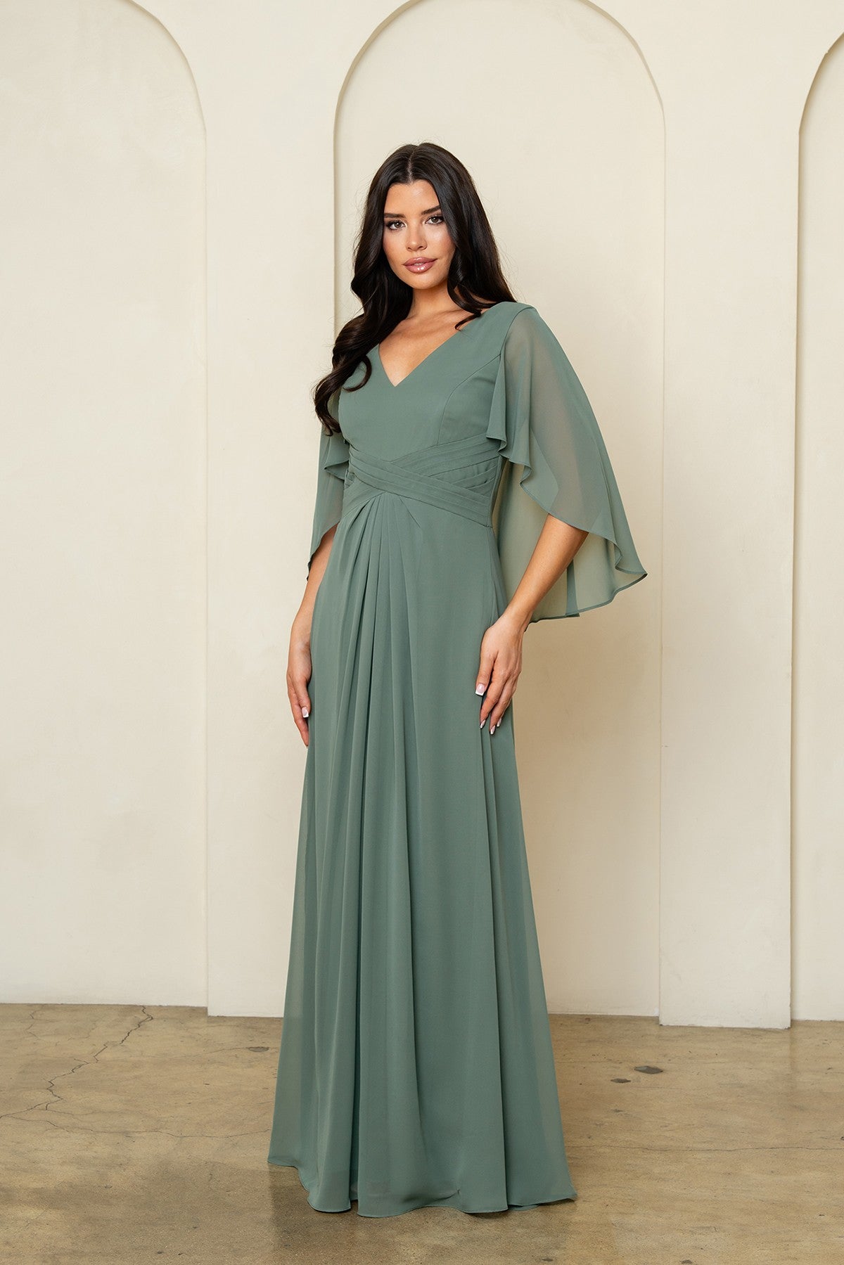 Sheer Cape Sleeve Chiffon Long Formal Dress with Sweetheart Neck and Wrap Waist