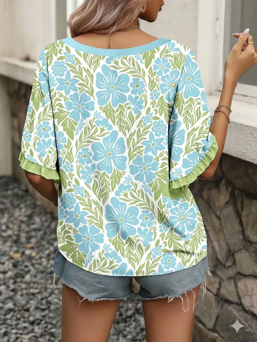 Curvy Floral Print Frilled Color Block Trim Short Sleeve
