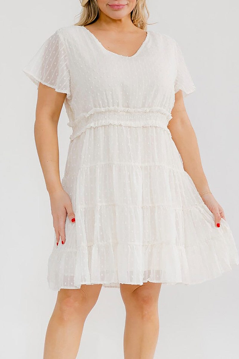 Curvy Short Sleeve V-neck Elastic Waist Swiss Dots Mini Dress