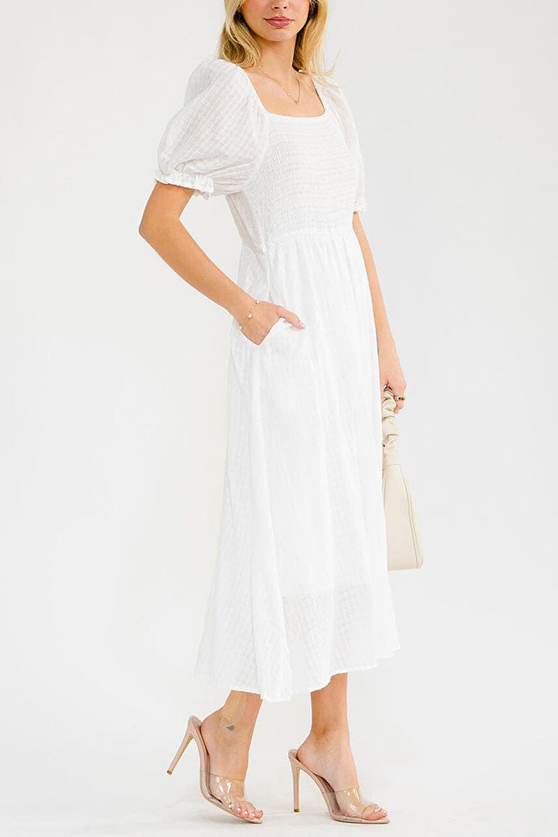Short Puff Sleeve Square Neck Smock Tiered Maxi Dress with Pockets