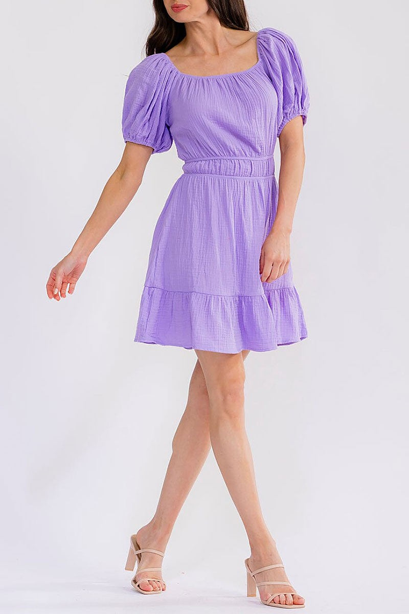 Short Sleeve Smock Back Cut Out Elastic Waist Mini Dress