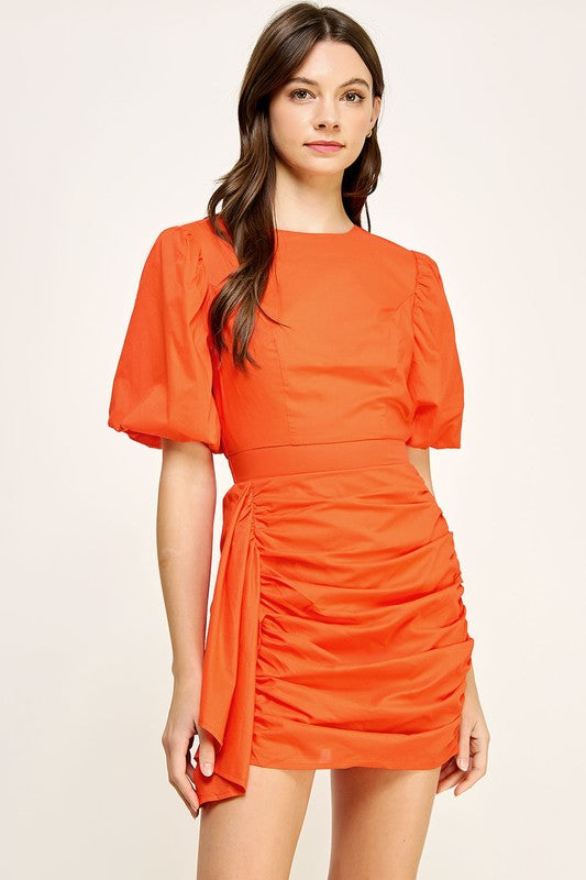 Short Puff Sleeve Ruched Fitted MIni Dress with Side Train