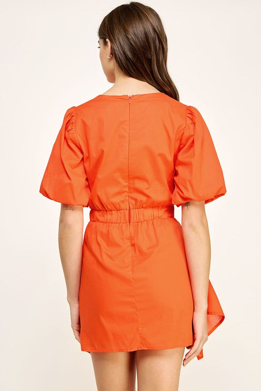 Short Puff Sleeve Ruched Fitted MIni Dress with Side Train