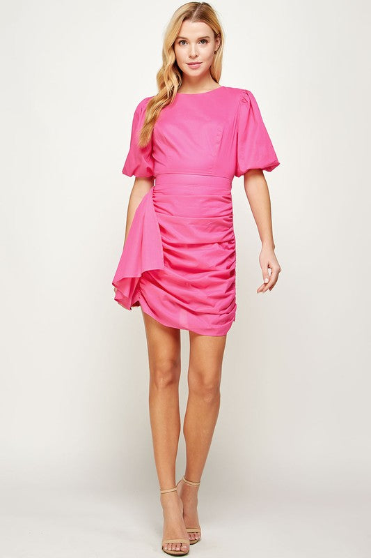Short Puff Sleeve Ruched Fitted MIni Dress with Side Train