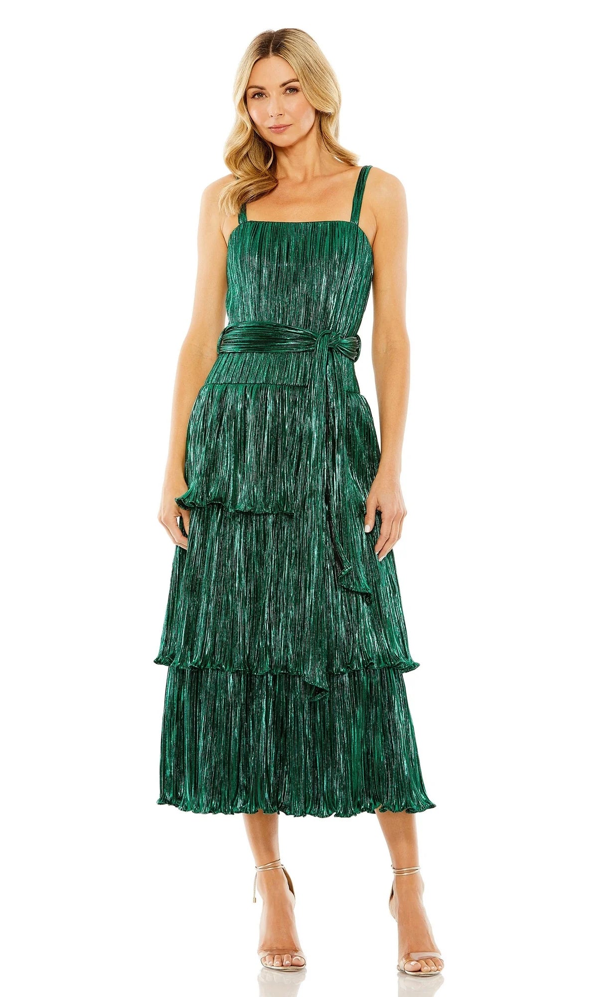 Sleeveless Square Neck Metallic Midi Dress with Beautfule Tiered Skirt Sleeveless Square Neck Metallic Midi Dress with Beautfule Tiered Skirt