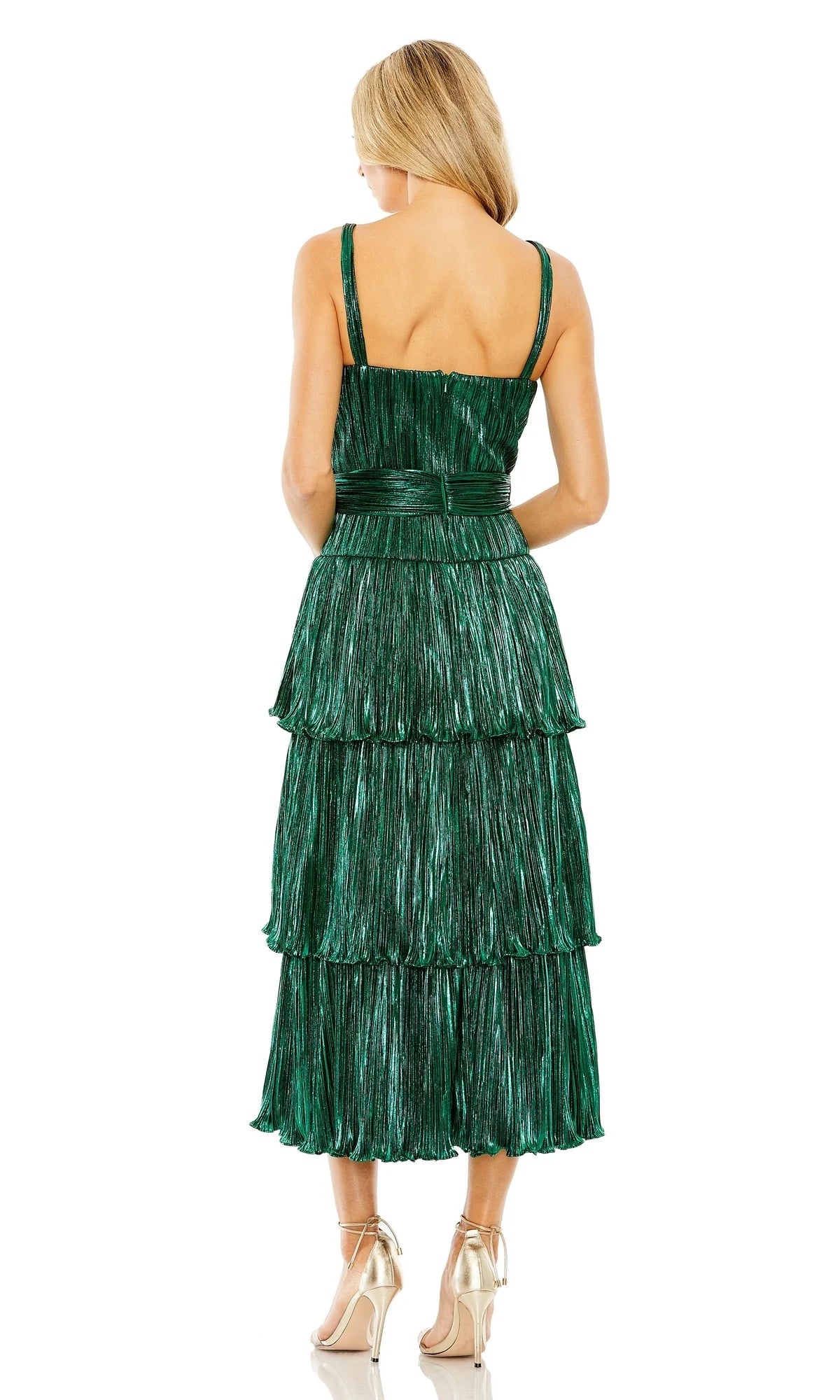 Sleeveless Square Neck Metallic Midi Dress with Beautfule Tiered Skirt