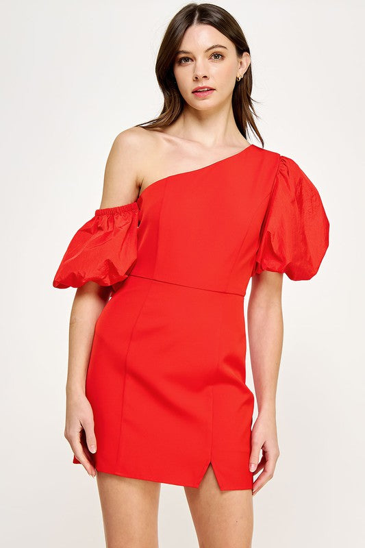 Short One Shoulder and Short Drop Shoulder Taffeta Fitted Mini Dress