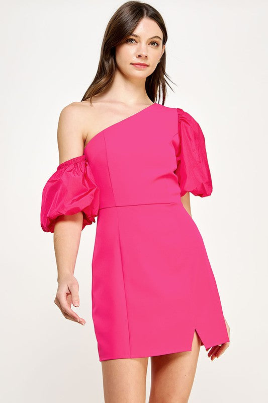 Short One Shoulder and Short Drop Shoulder Taffeta Fitted Mini Dress