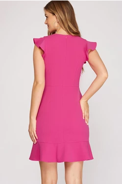 Ruffle Cap Sleeve Knit Short Dress with Zip Back Closure