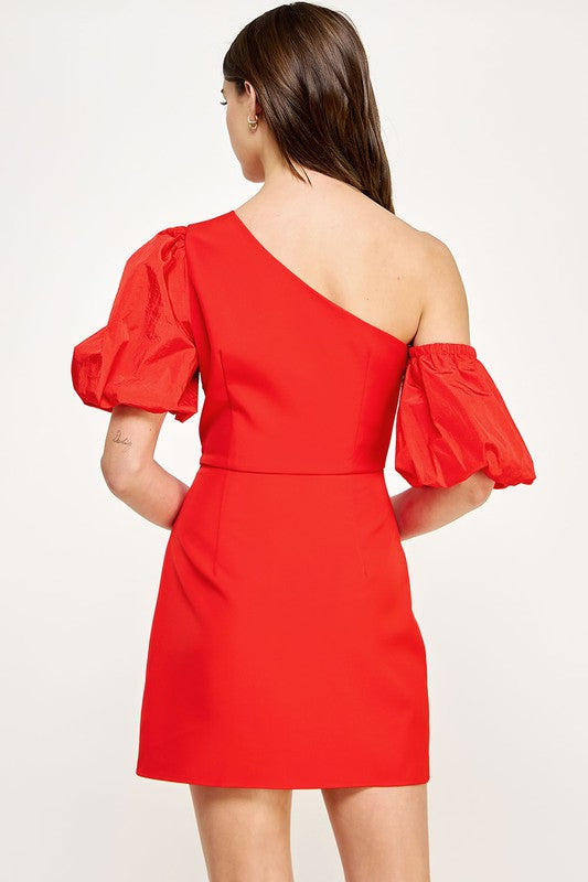 Short One Shoulder and Short Drop Shoulder Taffeta Fitted Mini Dress