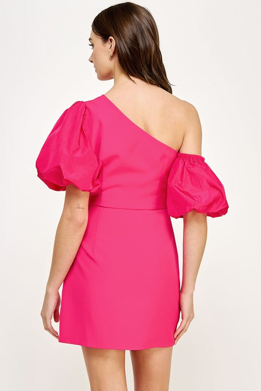 Short One Shoulder and Short Drop Shoulder Taffeta Fitted Mini Dress