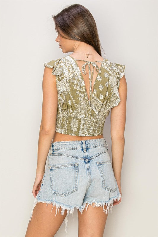 Angle Sleeve Paisley Print Ruffle Crop Top