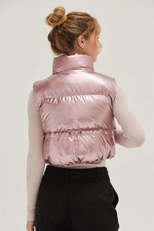 Sleeveless High Neck Puffer Metallic Vest