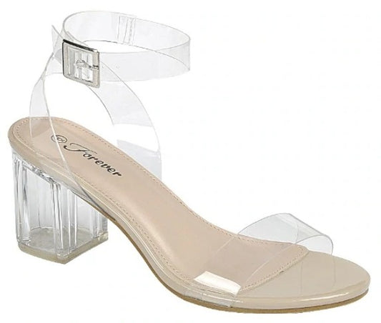 Clear Low Chunky Heel Open Toe Sandal with Buckle Ankle Wrap Strap