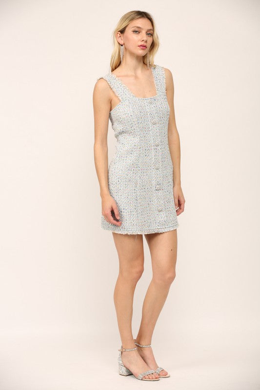 Sleeveless Frayed Edge Hem Mini Dress with Square Neckline ad Rhinestone Buttons