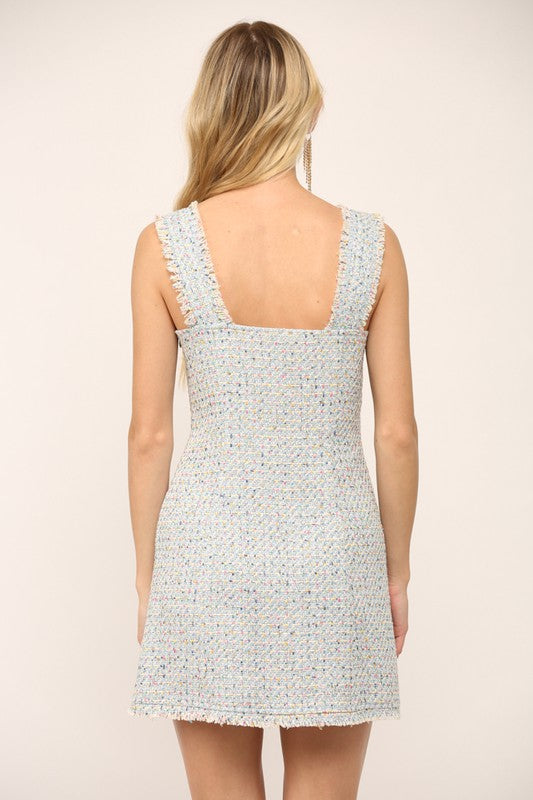Sleeveless Frayed Edge Hem Mini Dress with Square Neckline ad Rhinestone Buttons