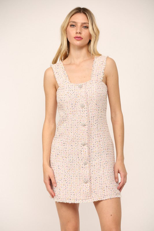 Sleeveless Frayed Edge Hem Mini Dress with Square Neckline ad Rhinestone Buttons