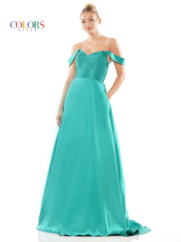Mikado Satin Off the Shoulder Ball Gown with Corset Back and Pockets