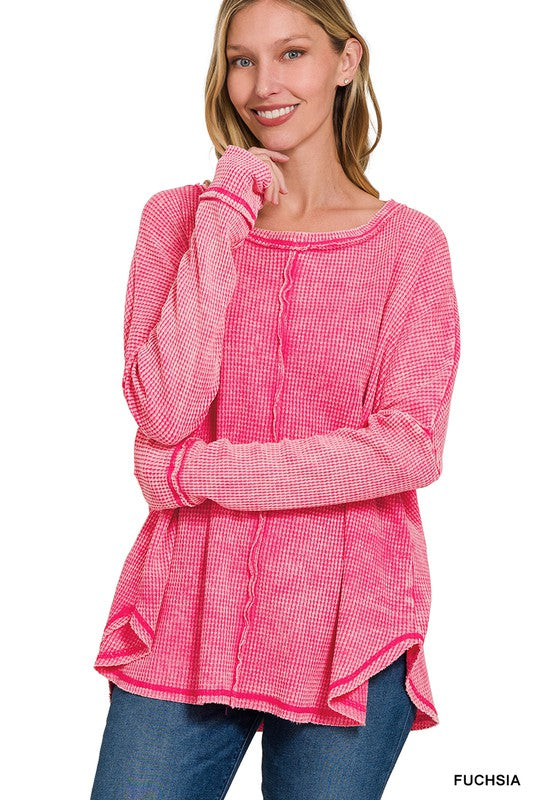 Long Sleeve Oversized Baby Waffle Top with Raw Edge