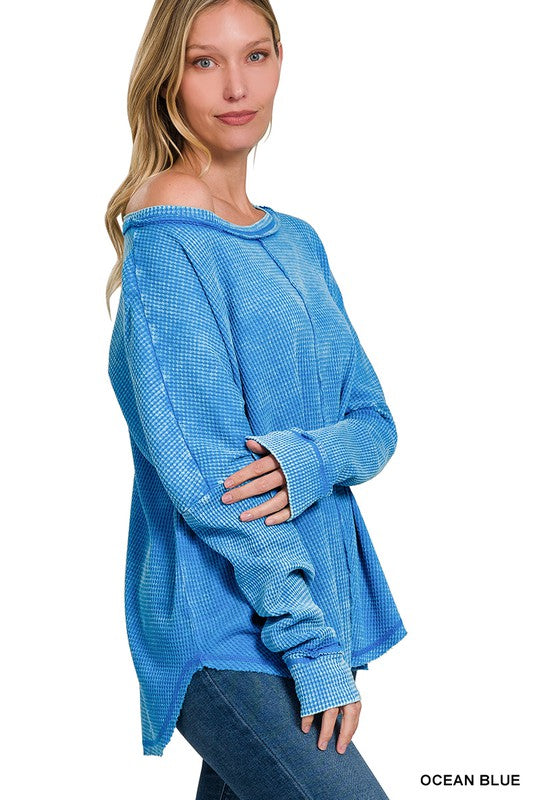 Long Sleeve Oversized Baby Waffle Top with Raw Edge