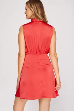 Sleeveless Dull Satin Short Dress with Twist Front Neck Band Detail