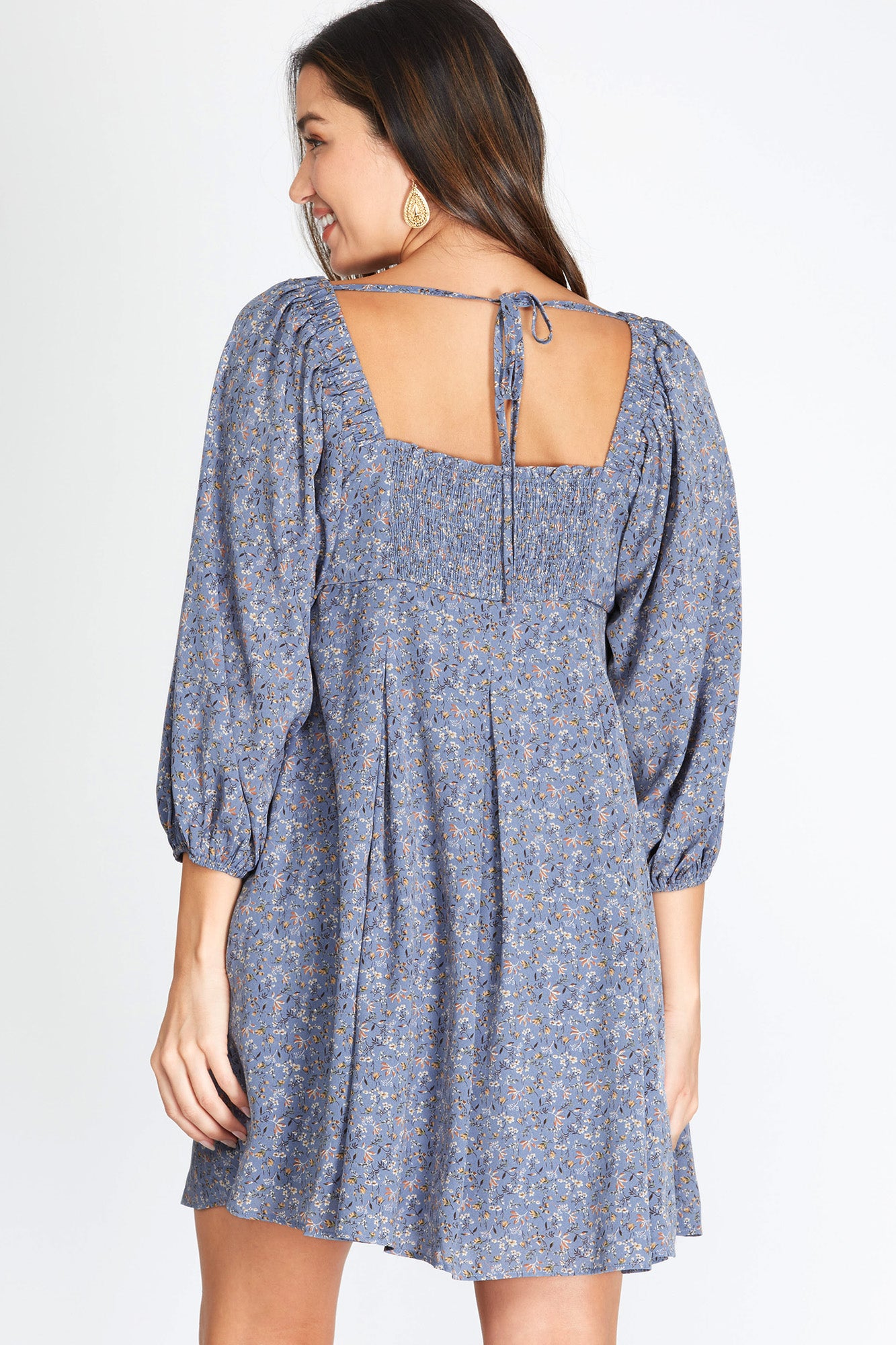 3/4 Sleeve Woven Print Mini Dress with Pleated Skirt and Back Tie Detail
