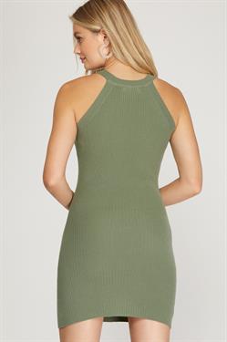 SLEEVELESS RIB KNIT SWEATER SHORT DRESS WITH NECK BAND