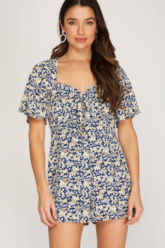 Short Sleeve Woven Floral Print Front Tie Romper