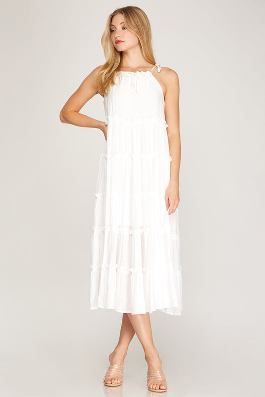 Tied Shoulder Strap Crinkle Woven Tiered Maxi Dress