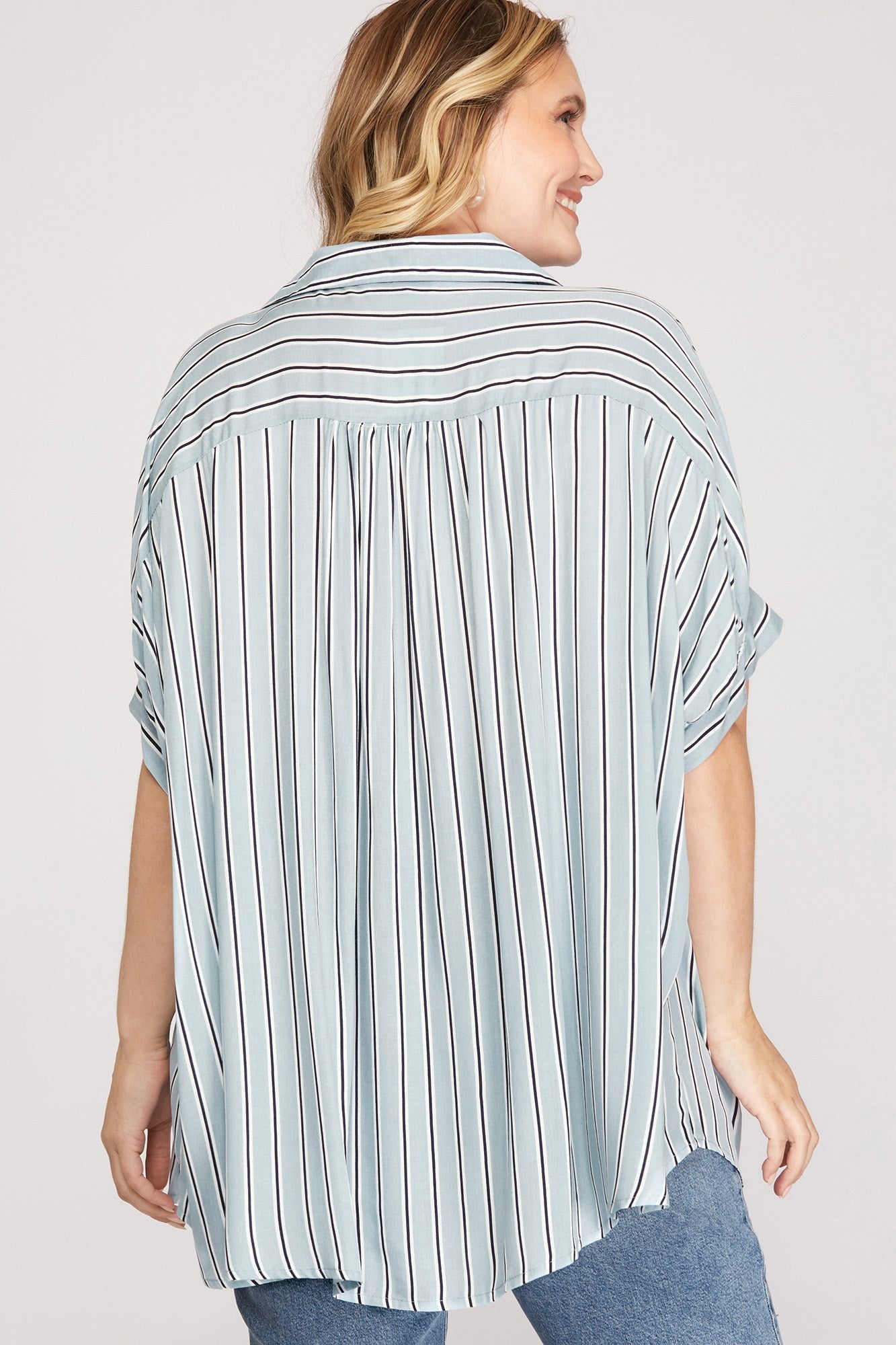 Curvy Folded Drop Sleeve Stripe Print Woven Button Down Shirt
