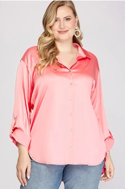 Loose Fit Button Down with Collar Satin Top