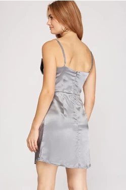 Rhinestone Spaghetti Strap Satin Bow Detail Mini Dress