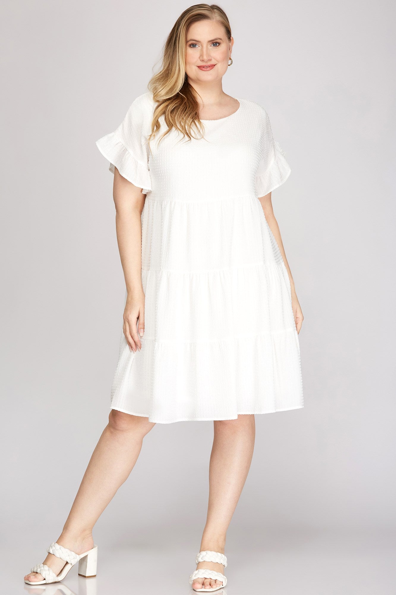 Curvy Ruffle Sleeve Texture Woven Tiered Midi Dress