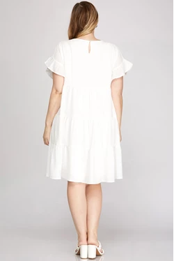 Curvy Ruffle Sleeve Texture Woven Tiered Midi Dress