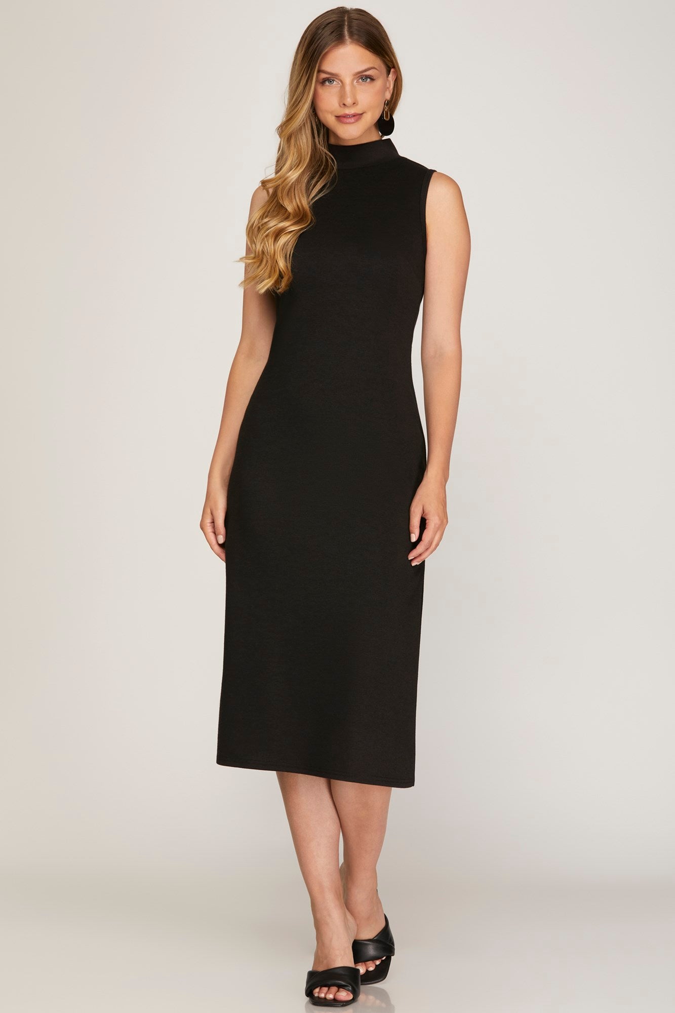 SLEEVELESS MOCK NECK KNIT MIDI DRESS WITH SIDE SLIT