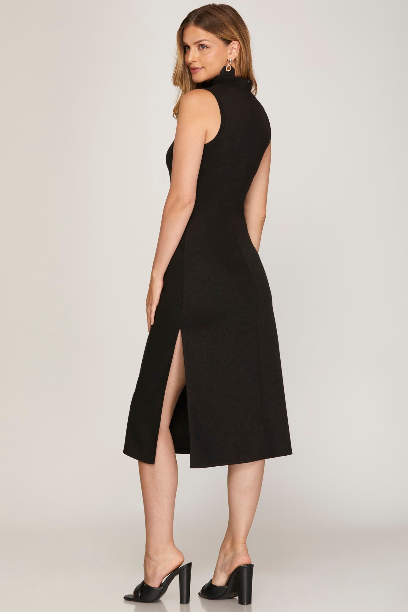 SLEEVELESS MOCK NECK KNIT MIDI DRESS WITH SIDE SLIT