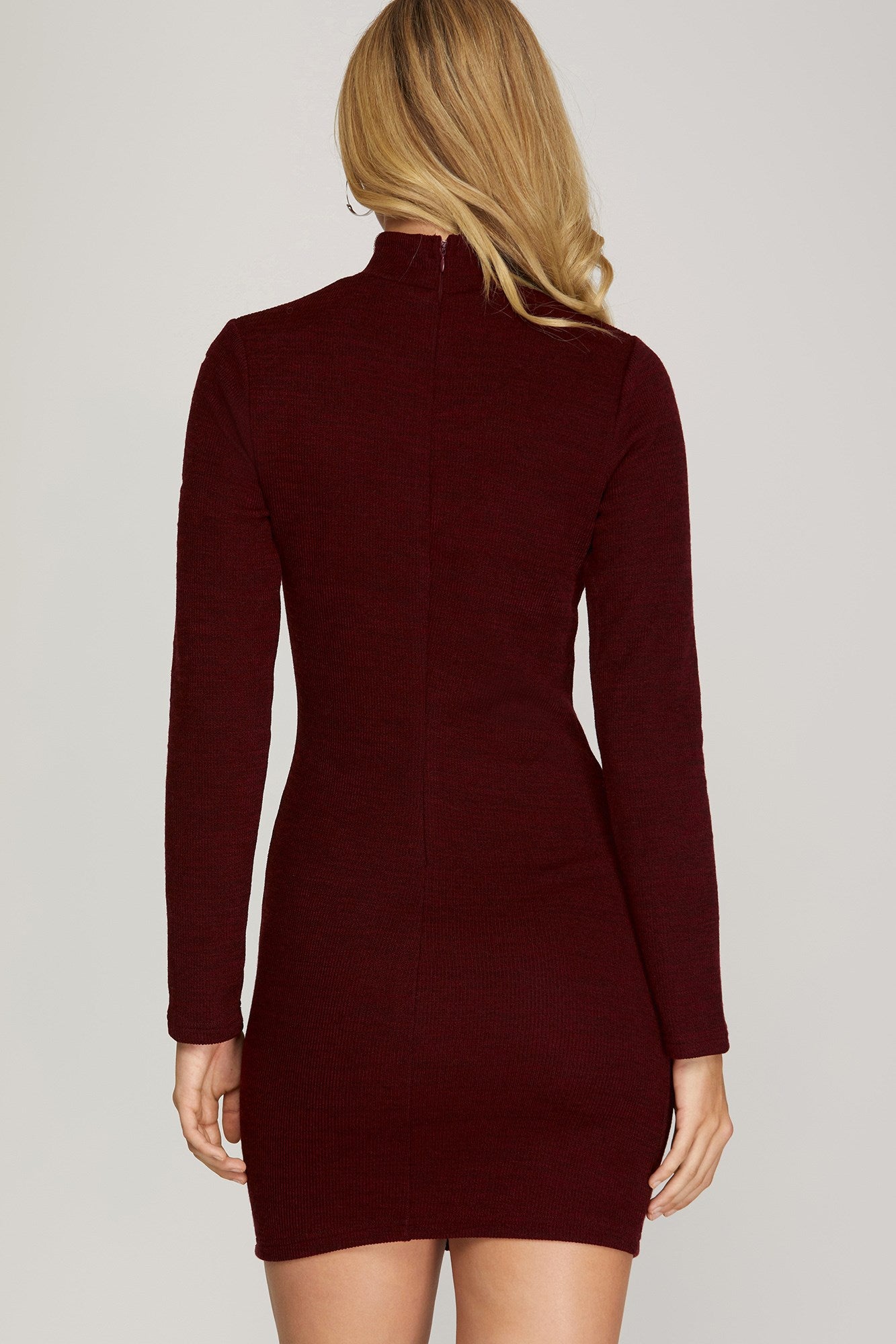 LONG SLEEVE MOCK NECK RIBBED KNIT DRESS WITH BACK ZIPPER
